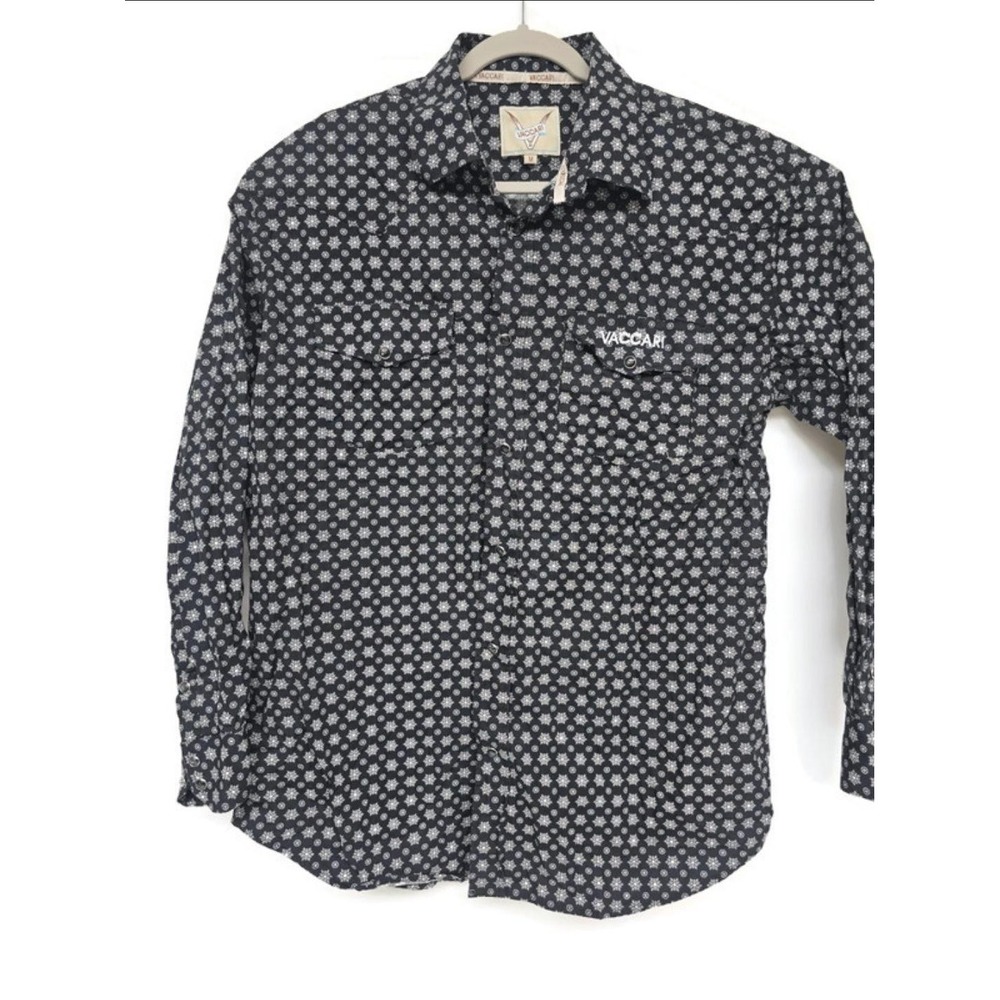 Vaccari Shirt Mens‎ Medium Black White Floral Print Western Pearl Snap Cotton